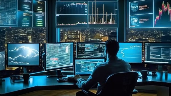 A man sitting by lots of monitor screens in blue